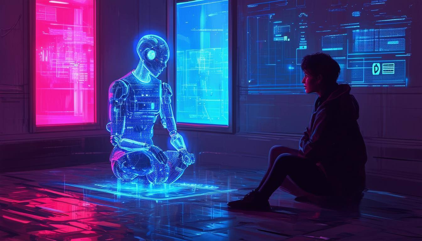 An human person sitting alone in a room, engrossed in conversation with an AI companion in the form of a hologram-2